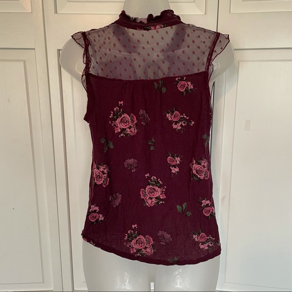 Burgundy Floral Lace Mesh Tie Neck Sleeveless - Picture 8 of 11